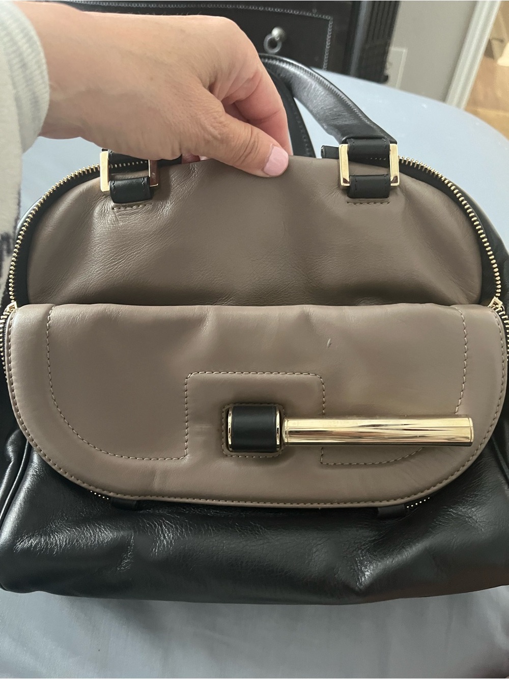 Two-Tone Black and Taupe Leather Satchel - Chic Women's Handbag - Picture 4 of 11